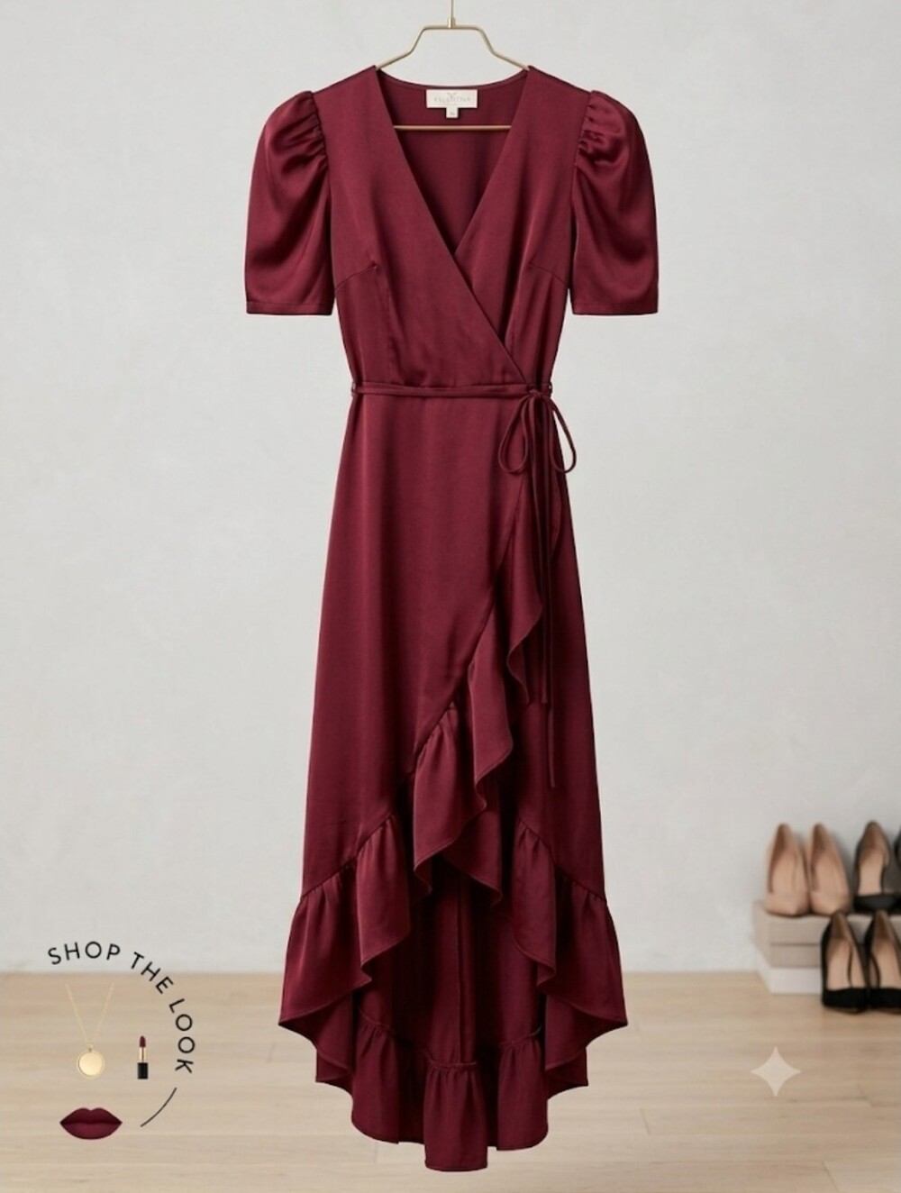 SUGAR+LIPS Women Maxi Dress Burgundy Satin Faux Wrap Ruffle Trim Size Small